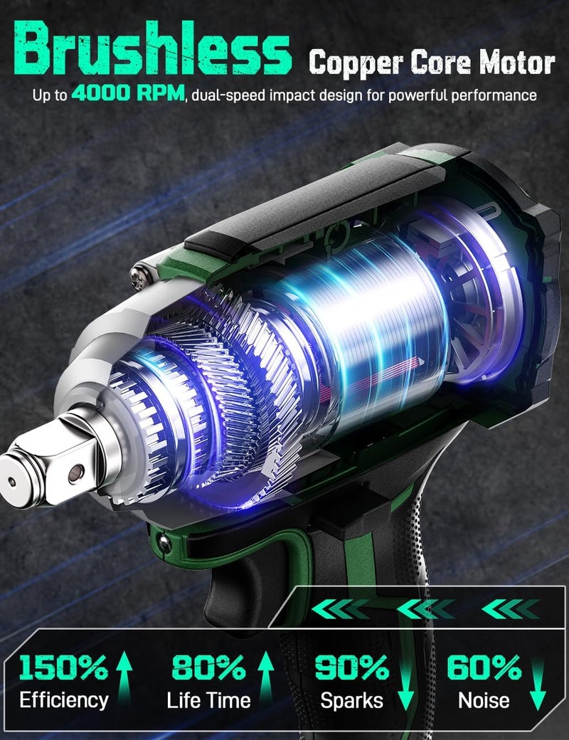 Kimo مفتاح صدمات لاسلكي، عزم دوران أقصى 406 قدم-رطل (550 نيوتن.م) و 3000 دورة في الدقيقة، فرامل توقف متميزة، مسدس تأثير 1/2 مع بطارية ليثيوم أيون 4000 مللي أمبير، 4 رؤوس تأثير، شاحن سريع لمثقاب التأثير لإطارات السيارات - Image 3